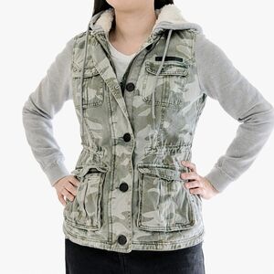 Triple 5 SOUL Y2K Camo Cargo Sherpa Lined Utility Military Jacket S Grey Green